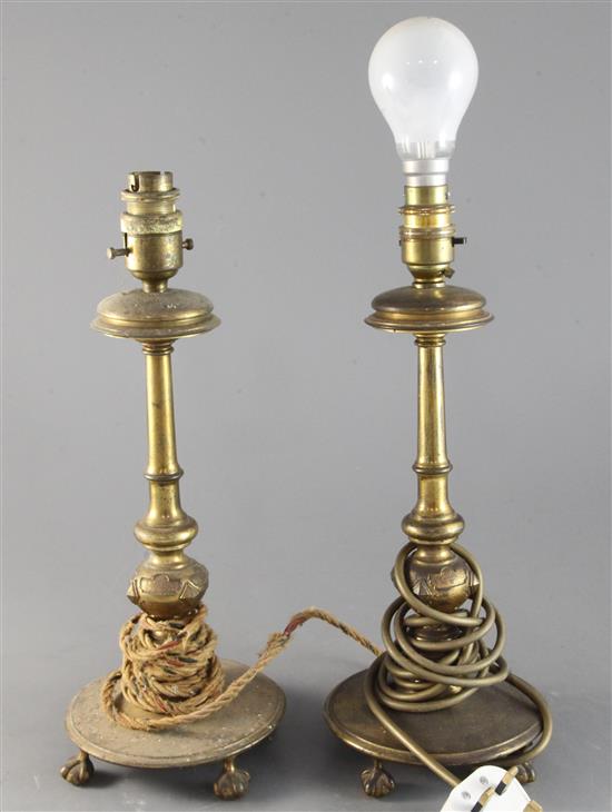 A pair of gilt brass baluster lamps, possibly to a design by Edward Middleton Barry, circa 1900, H. 13in.